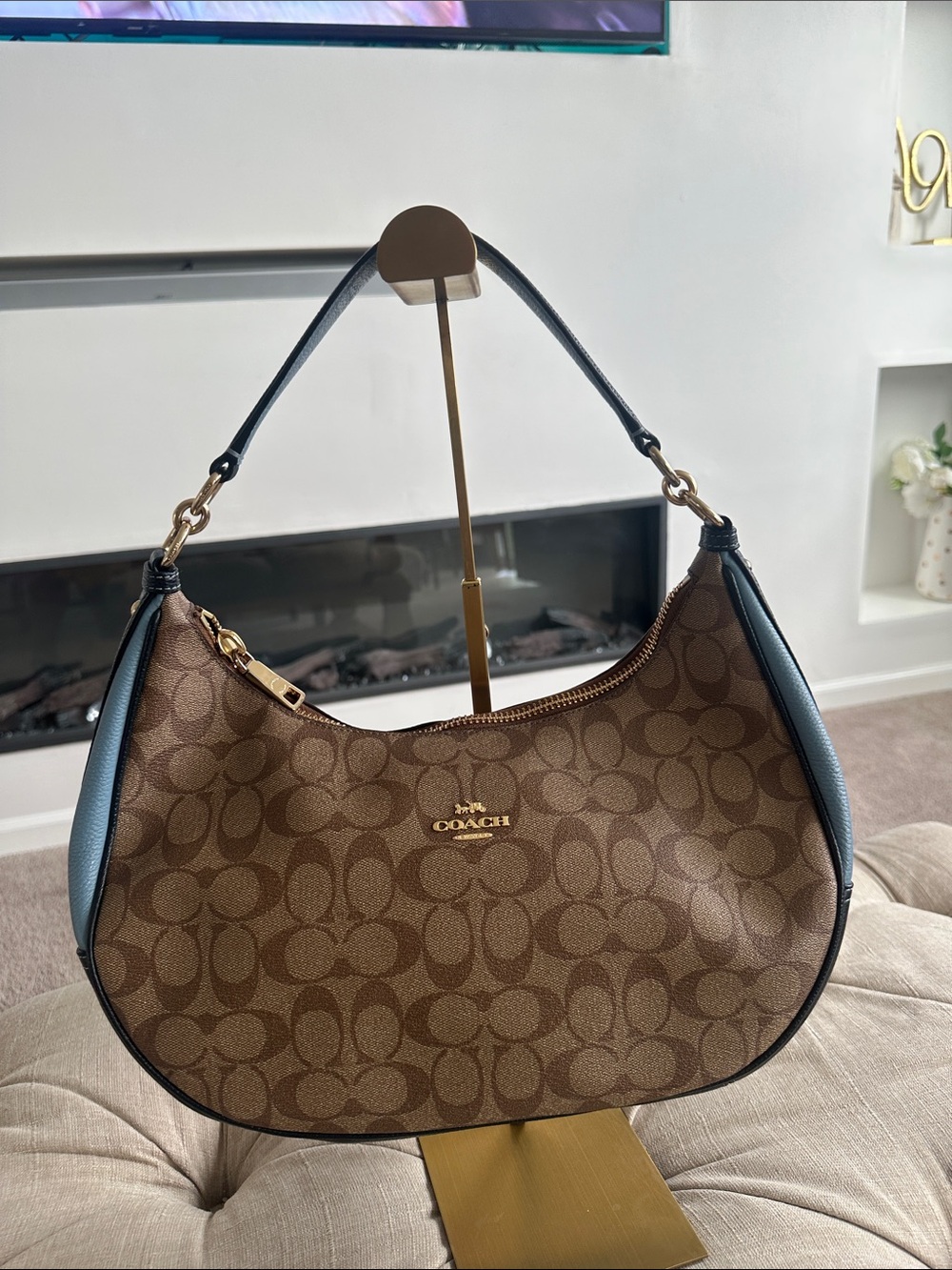 Coach Brown Signature Jacquard Shoulder Bag with Black Trim